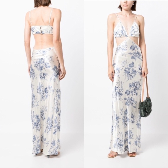 NWT REFORMATION Poppies Cutout Silk White Blue Floral Maxi Dress Sz 12 - Picture 1 of 6